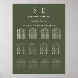 Olivgrön Monogram Bröllopsställningsplan Poster