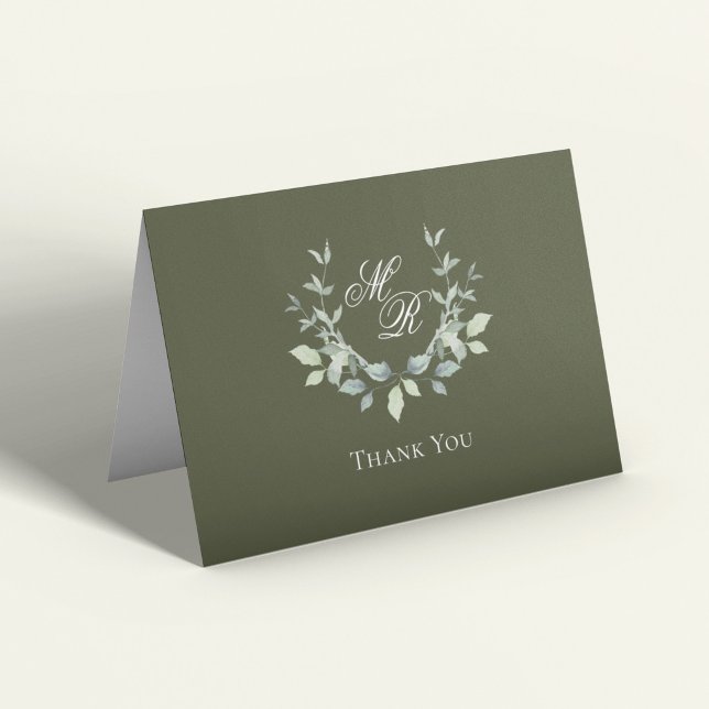 Olivgrön Monogram Bröllopstack vare sig skrift Tack Kort (Olive green monogram wedding thank you card with botanical wreath and elegant script)