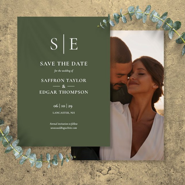 Olivgrön Monogram Foto Bröllop Spara Datumet (Olive Green Monogram Photo Wedding Save The Date)