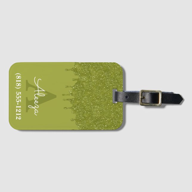 Olivgrön Monogram Glitterdroppar Bagagebricka (Framsida horisontal)