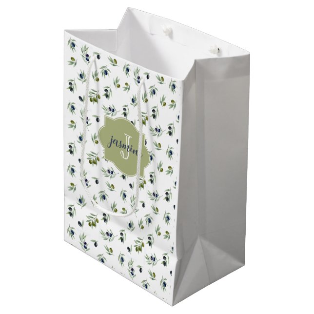Olivgrön monogramnamn Vattenfärg Chic Mönster (Framsidan Vinklad)