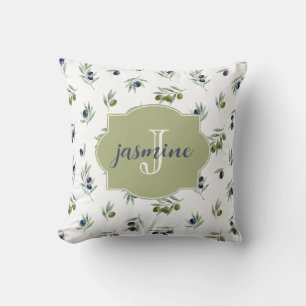 Olivgrön monogramnamn Vattenfärg Chic Mönster Kudde