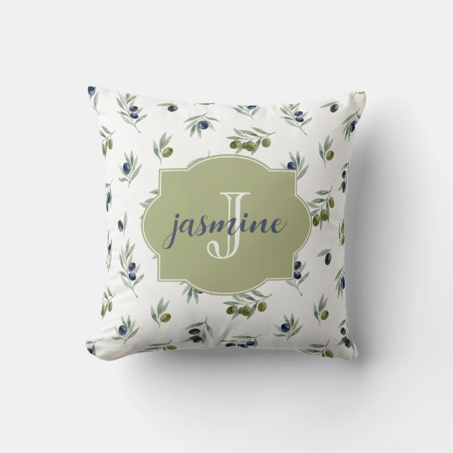 Olivgrön monogramnamn Vattenfärg Chic Mönster Kudde (Framsida)