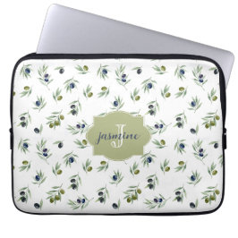 Olivgrön Monogramnamn Vattenfärg Chic Mönster Laptop Fodral