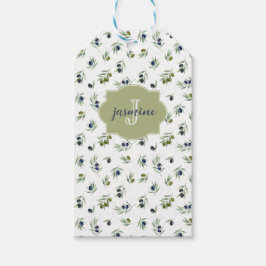 Olivgrön monogramnamn vattenfärg chic mönster presentetikett