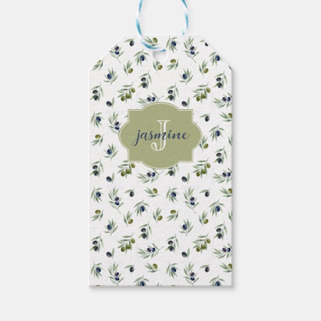 Olivgrön monogramnamn vattenfärg chic mönster presentetikett (Framsidan)