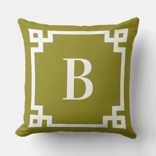 Olivgrön och vit grekisk nyckelkantmonogram kudde