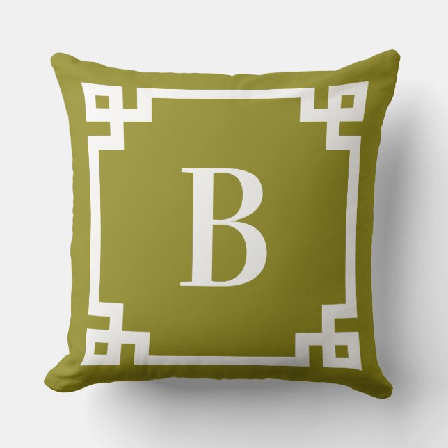 Olivgrön och vit grekisk nyckelkantmonogram kudde (Framsida)