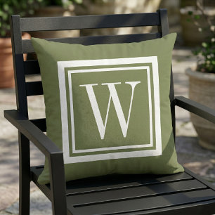 Olivgrön och vit klassisk fyrkantig monogram kudde