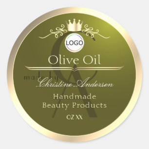 Olivgrön Produktetikett Guld Ram Logotyp Monogram Runt Klistermärke