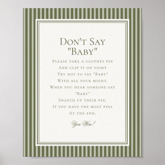 Olivgrön randig baby shower-spel poster (Framsidan)