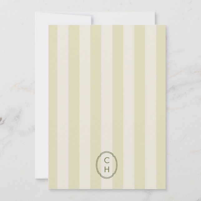 Olivgrön randig monogram bröllopsmeny inbjudningar (Baksida)