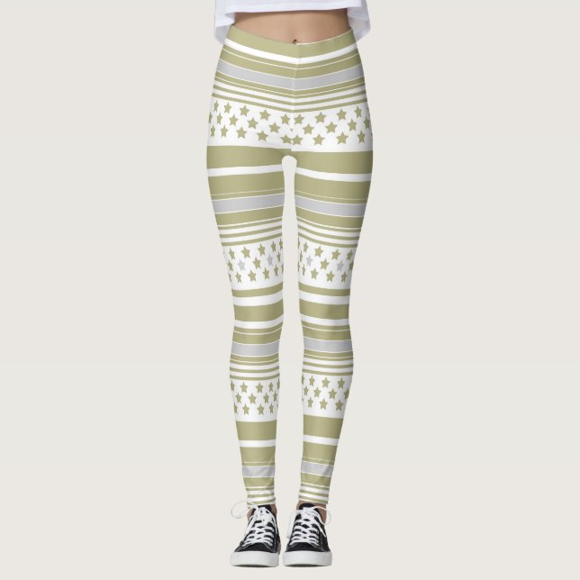 Olivgrön randig mönster med stjärnor leggings (Framsida)