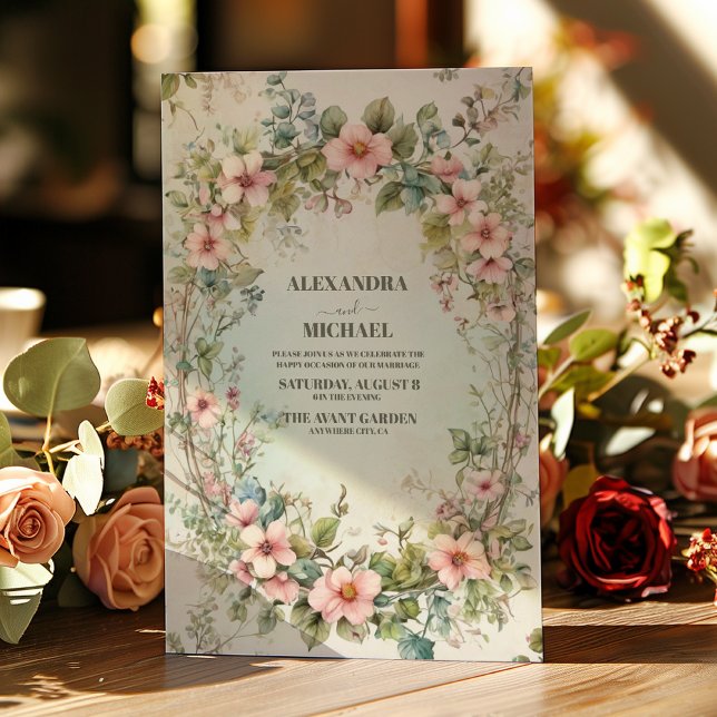 Olivgrön Rosa Blommig Art Nouveau Bröllop Inbjudningar (Skapare uppladdad)