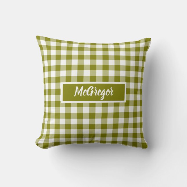 Olivgrön Rutig Gingham Personlig Kudde (Framsida)