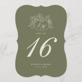 Olivgrön Sageskuren Monogram Bordnummer Inbjudningar
