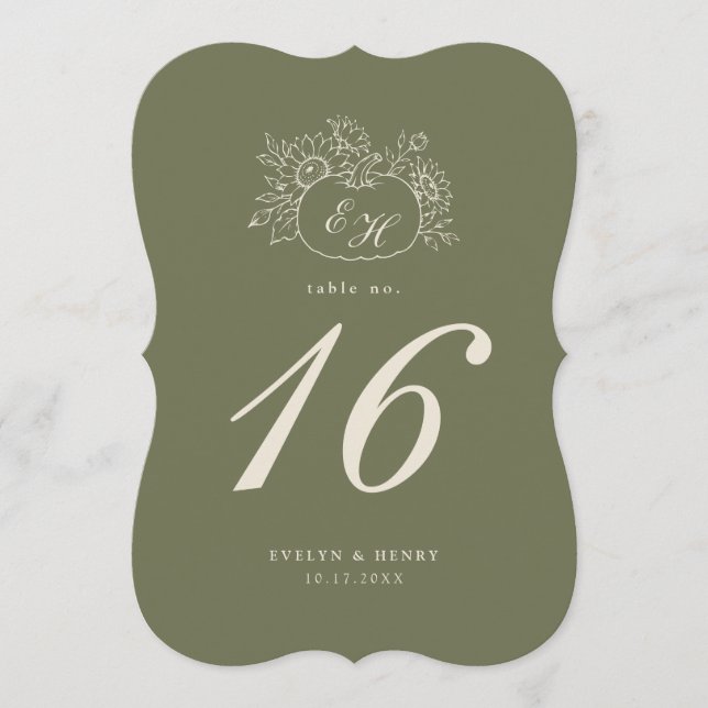 Olivgrön Sageskuren Monogram Bordnummer Inbjudningar (Framsida)