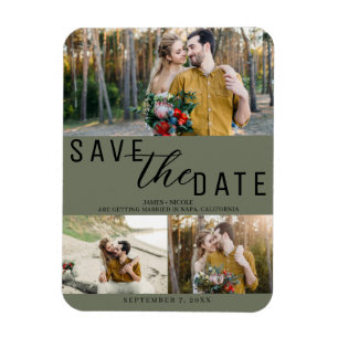 Olivgrön Save the Date Bröllop 3 Bilder Magnet