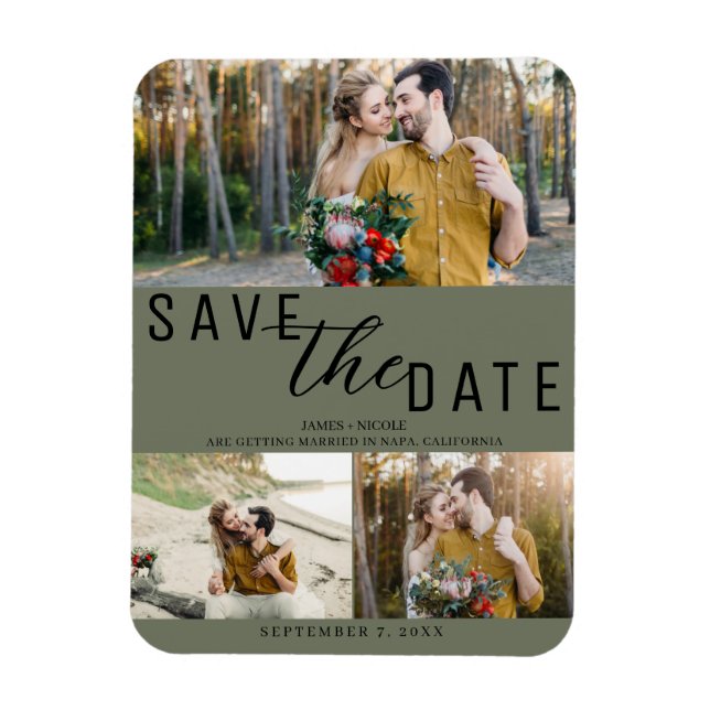 Olivgrön Save the Date Bröllop 3 Bilder Magnet (Vertikal)