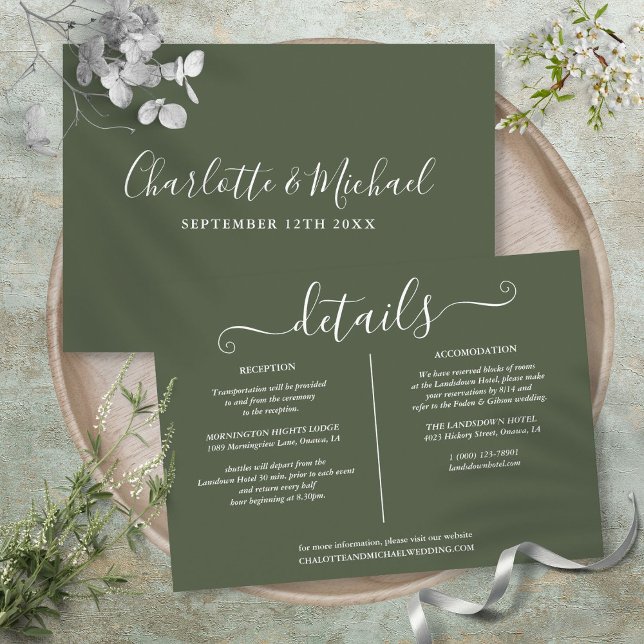 Olivgrön Signatur Bröllopsinformation Tilläggskort (Olive Green Signature Wedding Details Information Enclosure Card)