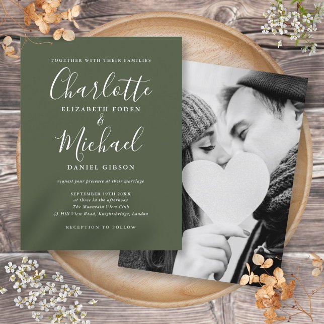 Olivgrön signatur skript foto bröllop inbjudan vykort (Olive Green Signature Script Photo Wedding Invitation Postcard)