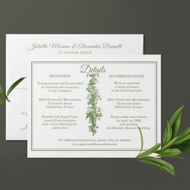 Olivgrön Toile de Jouy Bröllopsdetaljer Bilaga (Skapare uppladdad)