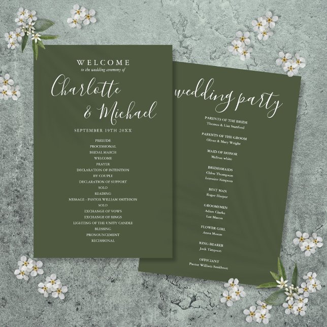 Olivgrön vigselprogram med signaturskrift (Olive Green Signature Script Wedding Program)