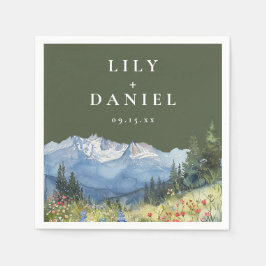 Olivgröna akvarell berg vildblomma bröllop pappersservett