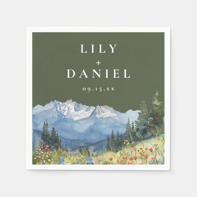 Olivgröna akvarell berg vildblomma bröllop pappersservett (Framsidan)