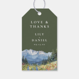 Olivgröna akvarell berg vildblomma bröllop presentetikett