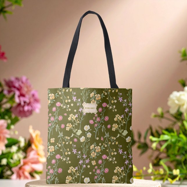 Olivgröna blommor Trädgård Trendigt Unikt Tygkasse (Skapare uppladdad)