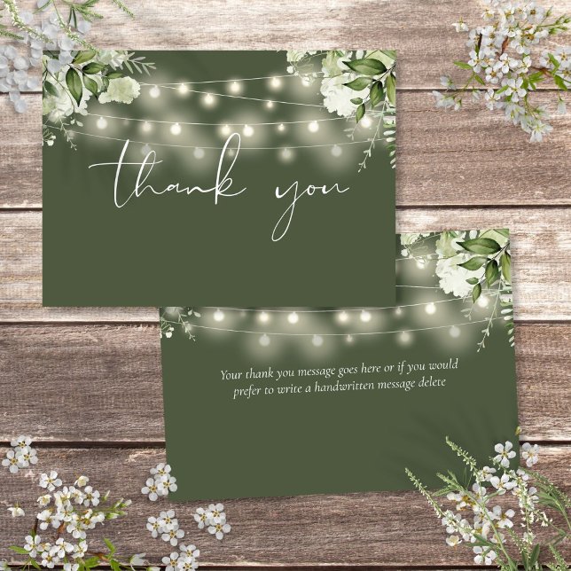 Olivgröna blomstergröna strängljus tack kort (Olive Green Floral Greenery String Lights Thank You Card)