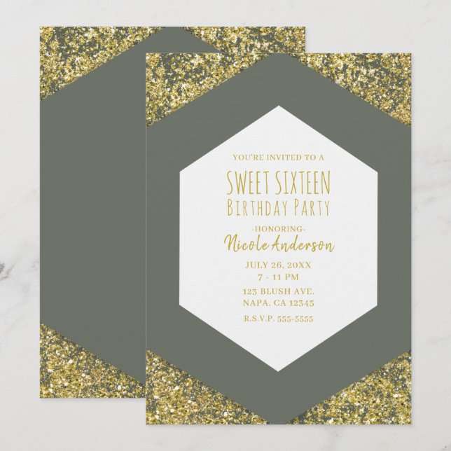 Olivgröna guldglitterflingor Glam Sweet 16 Inbjudningar (Fram/baksida)