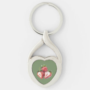 Olivgröna jordgubbar Bär-söta Twisted Heart Silverfärgad Nyckelring
