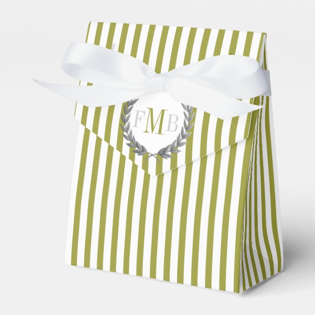 Olivgröna och vita randiga monogram bröllop presentaskar (Framsidan Sidan)