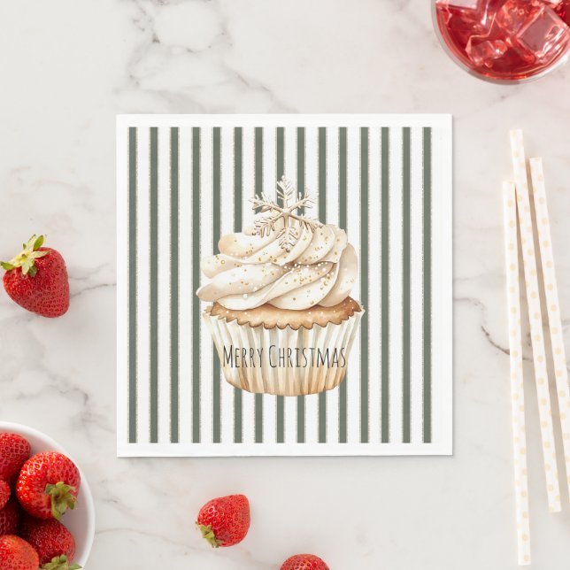 Olivgröna randiga snöflingecupcake jul pappersservett (Insitu)