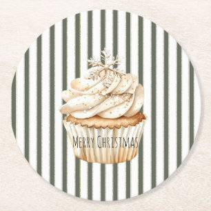 Olivgröna randiga snöflingecupcake jul underlägg papper rund