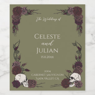 Olivgröna Skulls & Roses gotiskt bröllop Vinflaska Etikett