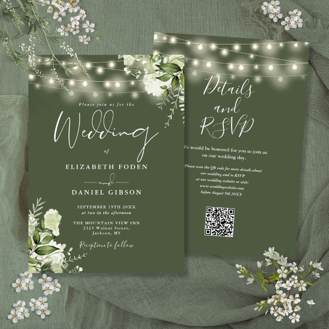 Olivgröna strängljus Blomster QR-kod Bröllop Inbjudningar (Olive Green String Lights Floral QR Code Wedding Invitation)