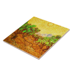 Olivgröna träd gul himmel- & solVan Gogh konst Kakelplatta