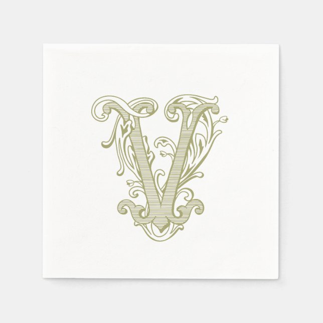 Olivgröna "V" monogram cocktailsservetter Pappersservett (Framsidan)