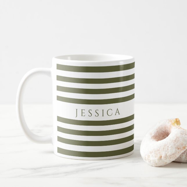 Olivgrönt randigt mönster namn kaffemugg (Med munk)