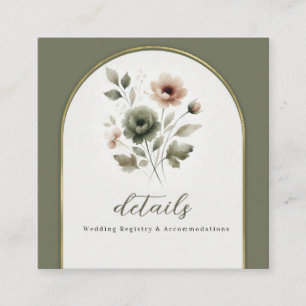 Olivgrönt rosa och guldblommande bröllopsdetaljer fyrkantigt visitkort