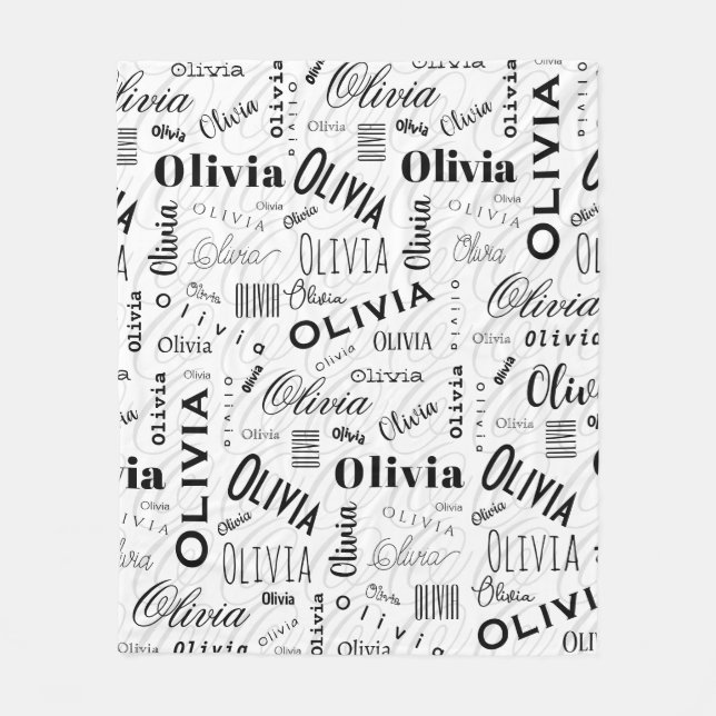 Olivia Anpassat Namn Svart Vitt  Fleecefilt (Framsidan)