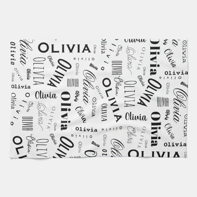 Olivia Anpassat Namn Svart Vitt  Kökshandduk (Horisontell)