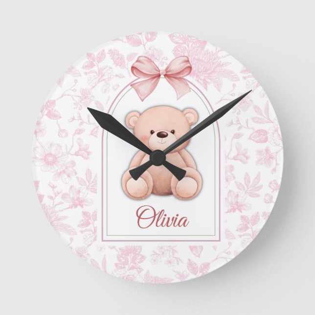 Olivia | Anpassningsbar Rosa Nalle Försörjningsdes Rund Klocka (Framsida)