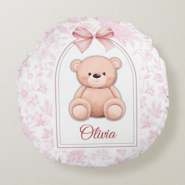 Olivia | Anpassningsbar Rosa Nalle Försörjningsdes Rund Kudde (Framsidan)