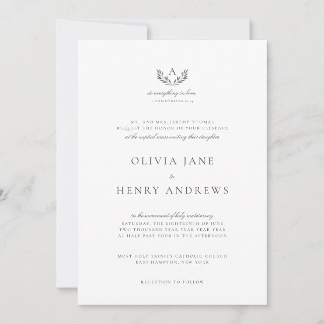 Olivia Classic Grått Monogram Catholik Bröllop Inbjudningar (Framsida)