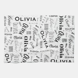 Olivia Custom Name Black White Kökshandduk