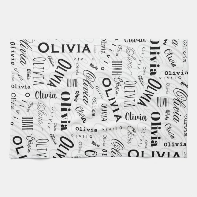 Olivia Custom Name Black White  Kökshandduk (Horisontell)